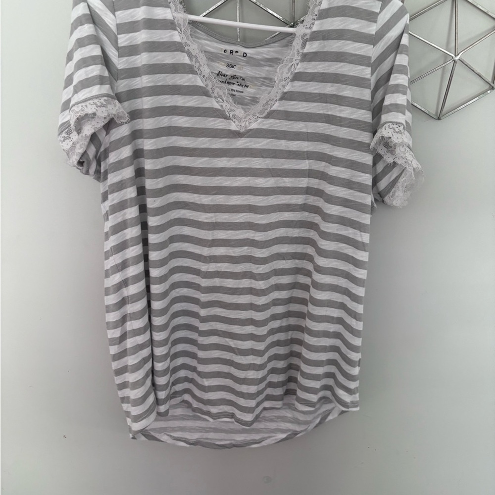 Striped Gray Lace Trim Women's Top